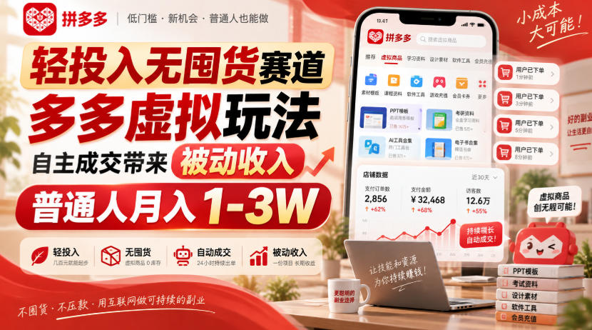 轻投入无囤货赛道，多多虚拟玩法自主成交带来被动收入，普通人月入1-3W-朽念云创