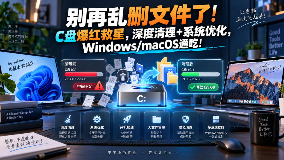 别再乱删文件了！C盘爆红救星，深度清理+系统优化，Windows/macOS通吃！-朽念云创