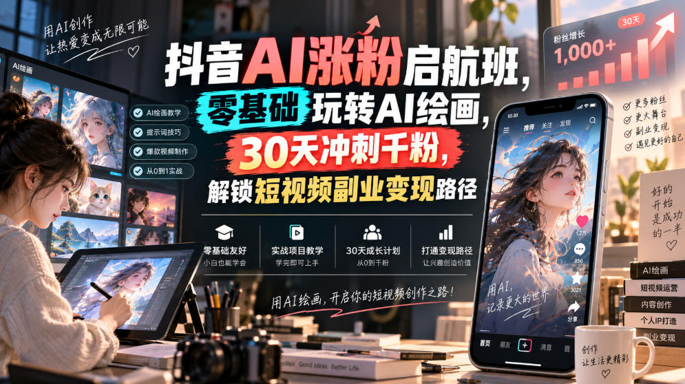 抖音AI涨粉启航班，零基础玩转AI绘画，30天冲刺千粉，解锁短视频副业变现路径-朽念云创