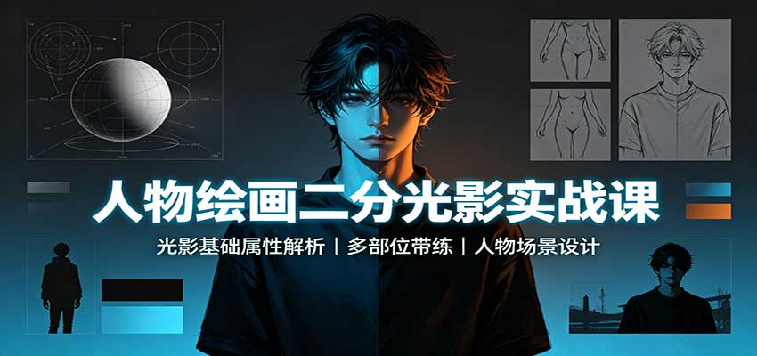 人物绘画二分光影实战课：光影基础属性解析，多部位带练，人物场景设计-朽念云创