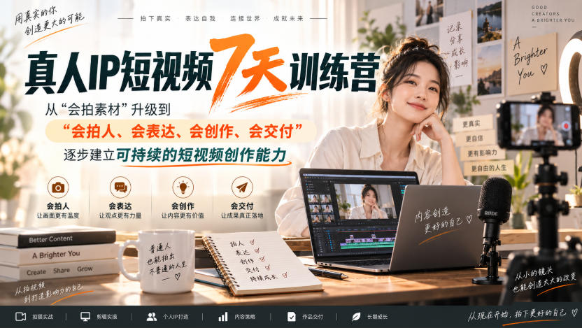 真人IP短视频7天训练营，从“会拍素材”升级到“会拍人、会表达、会创作、会交付”，逐步建立可持续的短视频创作能力-朽念云创