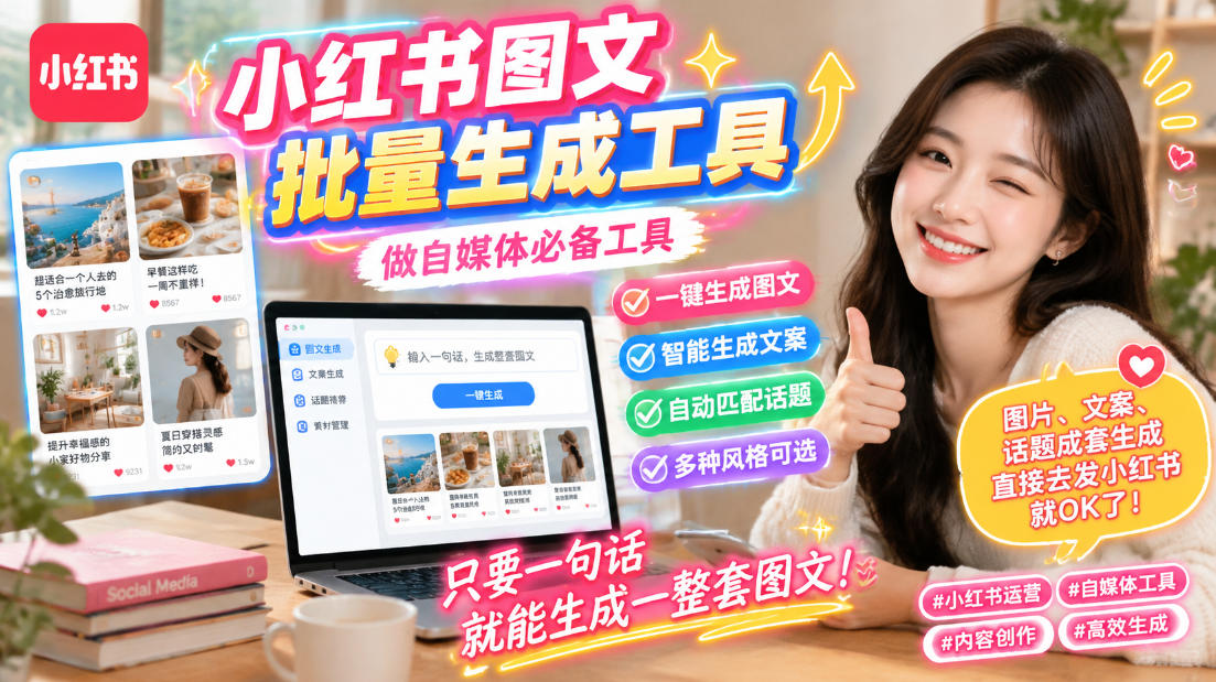 小红书图文批量生成工具，话题、文案、配图一键生成，直接发布，做自媒体必备工具-朽念云创