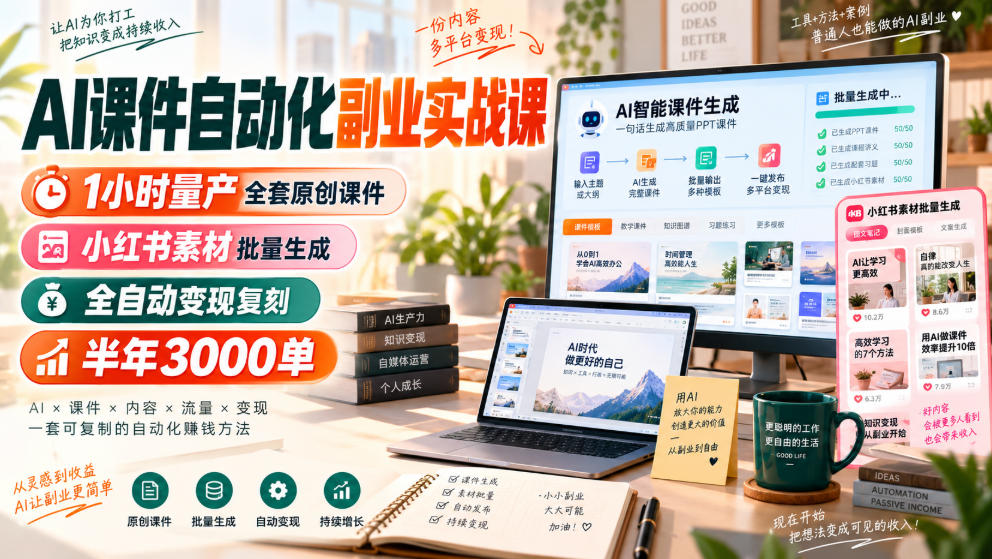AI课件自动化副业实战课,1小时量产全套原创课件,小红书素材批量生成,全自动变现复刻,半年3000单
