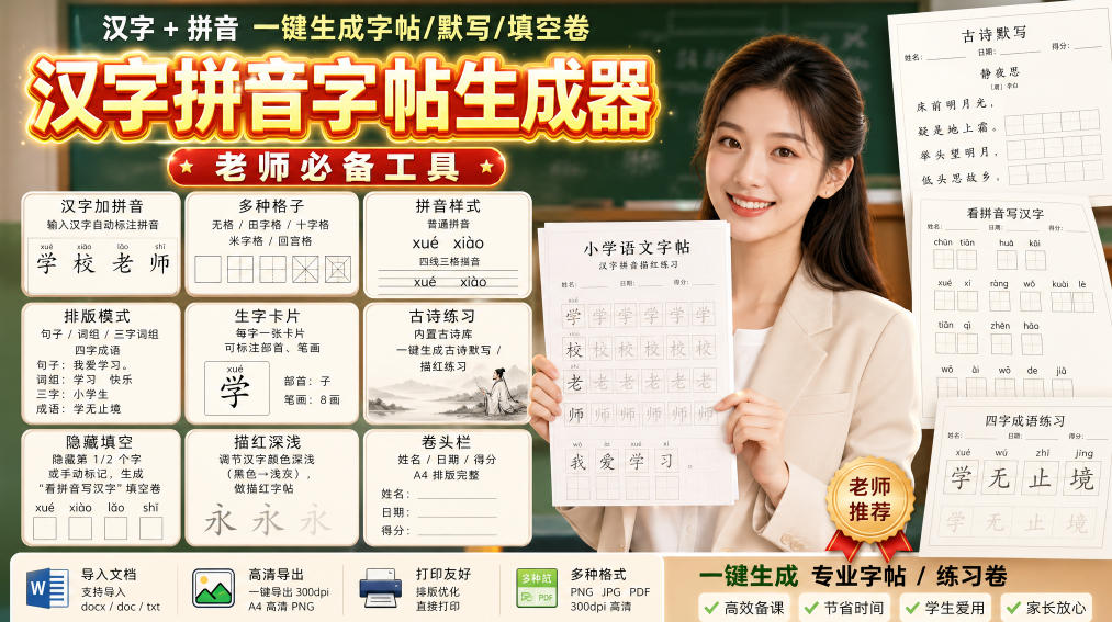 学习神器，汉字拼音字帖生成器，汉字+拼音 一键生成字帖/默写/填空卷，支持词组、成语，老师、家长必备-朽念云创