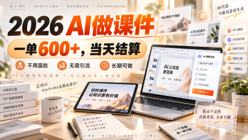 2026 AI做课件，一单600+，当天结算，不用露脸，无需引流，长期可做【揭秘】-朽念云创