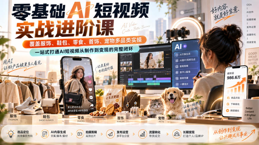 零基础AI短视频实战进阶课，覆盖服饰、鞋包、零食、首饰、宠物多品类实操，一站式打通AI短视频从制作到变现的完整闭环-朽念云创