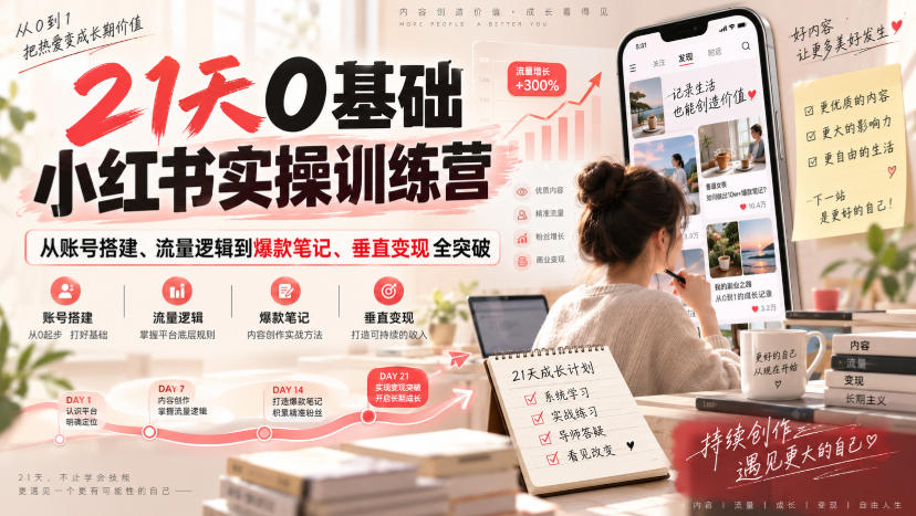 21天0基础小红书实操训练营｜从账号搭建、流量逻辑到爆款笔记、垂直变现全突破-朽念云创