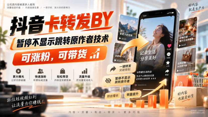 抖音卡转发搬运，暂停不显示跳转原作者技术，可涨粉，可带货-朽念云创