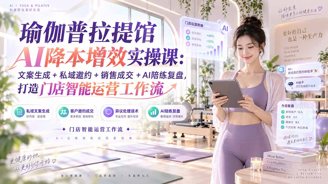 瑜伽普拉提馆AI降本增效实操课：文案生成+私域邀约+销售成交+AI陪练复盘，打造门店智能运营工作流-朽念云创