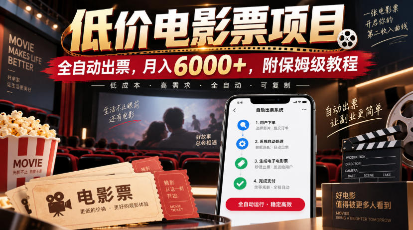 低价电影票项目，全自动出票，月入6000+，附保姆级教程【揭秘】-朽念云创