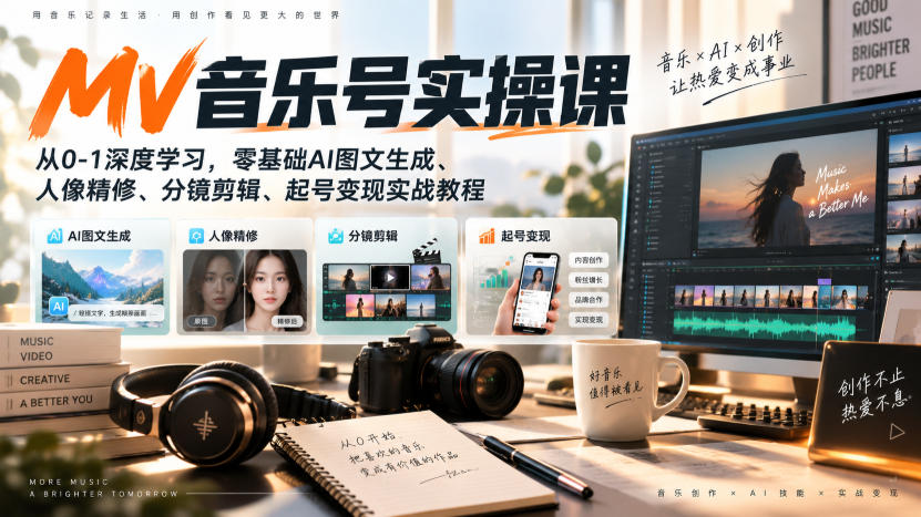 AI MV音乐号实操课，从0-1深度学习，零基础AI图文生成、人像精修、分镜剪辑、起号变现实战教程-朽念云创