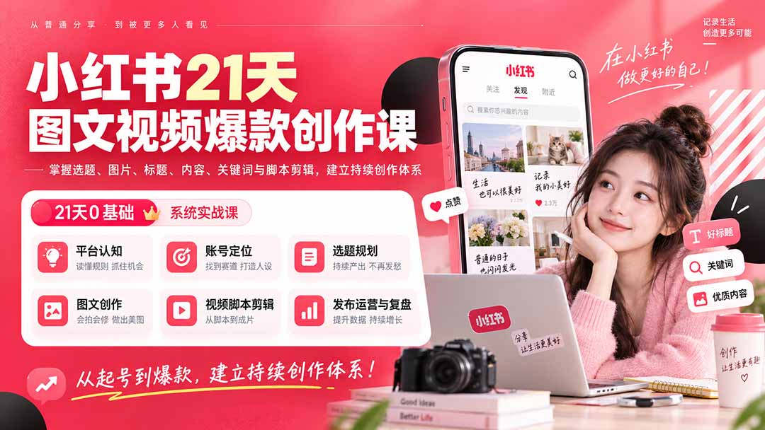 小红书21天图文视频爆款创作课：掌握选题、图片、标题、内容、关键词与脚本剪辑，建立持续创作体系-朽念云创