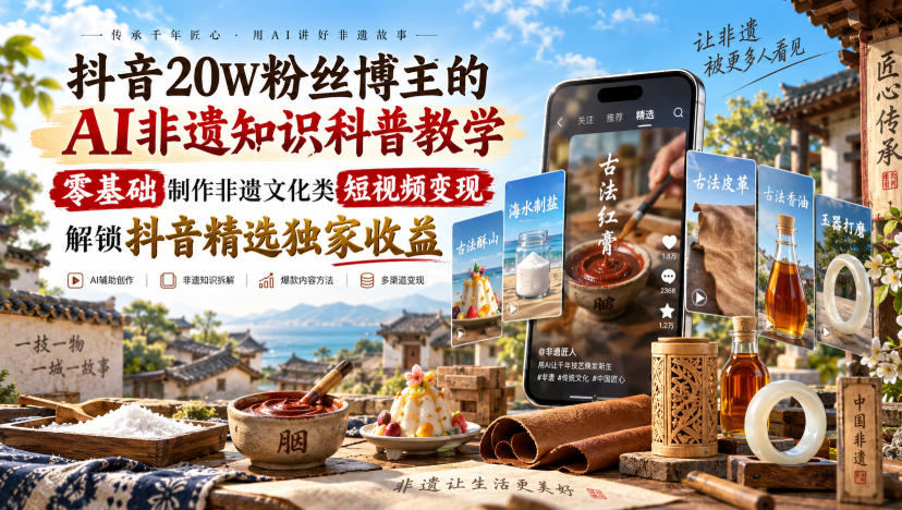 抖音20W粉丝博主的AI非遗知识科普教学，零基础制作非遗文化类短视频变现，解锁抖音精选独家收益-朽念云创