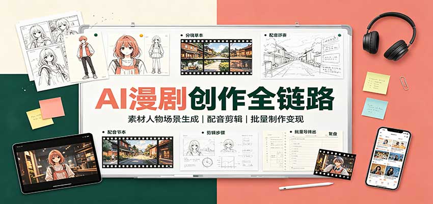 AI漫剧创作全链路：素材人物场景生成，配音剪辑，批量制作变现-朽念云创