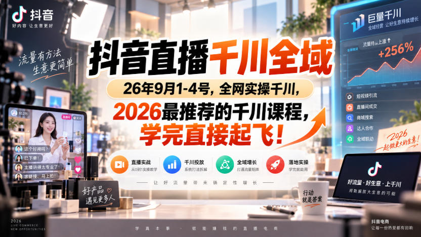 抖音直播千川全域26年9月1-4号，全网实操千川，2026最推荐的千川课程，学完直接起飞！-朽念云创