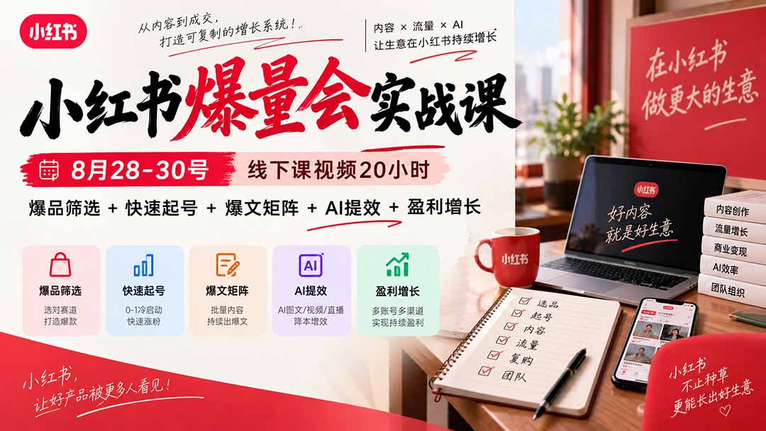 小红书爆量会实战课：8月28-30号线下课视频20小时，爆品筛选+快速起号+爆文矩阵+AI提效+盈利增长-朽念云创