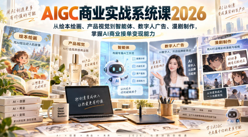 AIGC商业实战系统课2026，从绘本绘画、产品视觉到智能体、数字人广告、漫剧制作，掌握AI商业接单变现能力-朽念云创