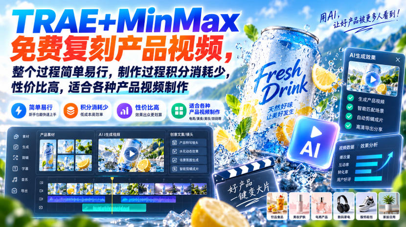 TRAE+MinMax免费复刻产品视频，整个过程简单易行，制作过程积分消耗少，性价比高，适合各种产品视频制作-朽念云创