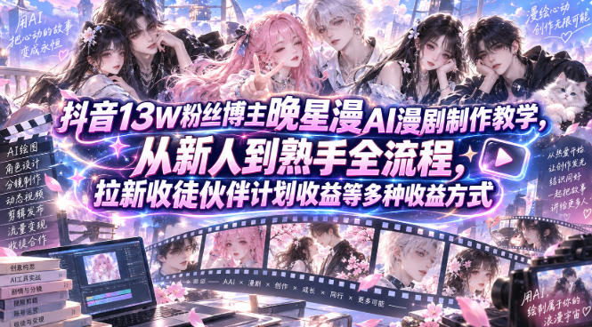 抖音13W粉丝博主晚星漫AI漫剧制作教学，从新人到熟手全流程，拉新收徒伙伴计划收益等多种收益方式，单日1K+-朽念云创