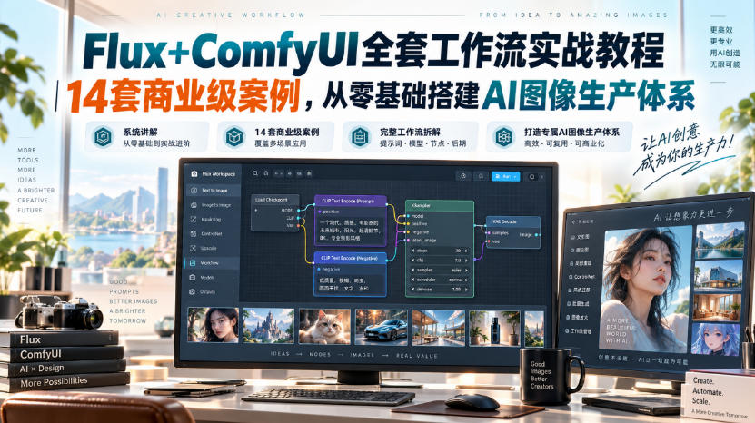 Flux+ComfyUI全套工作流实战教程｜14套商业级案例，从零基础搭建AI图像生产体系-朽念云创