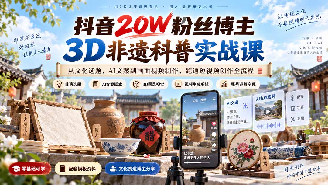 抖音20W粉丝博主3D非遗科普实战课：从文化选题、AI文案到画面视频制作，跑通短视频创作全流程-朽念云创