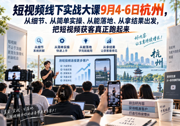 短视频线下实战大课9月4-6日杭州，从细节、从简单实操、从能落地、从拿结果出发，把短视频获客真正跑起来-朽念云创
