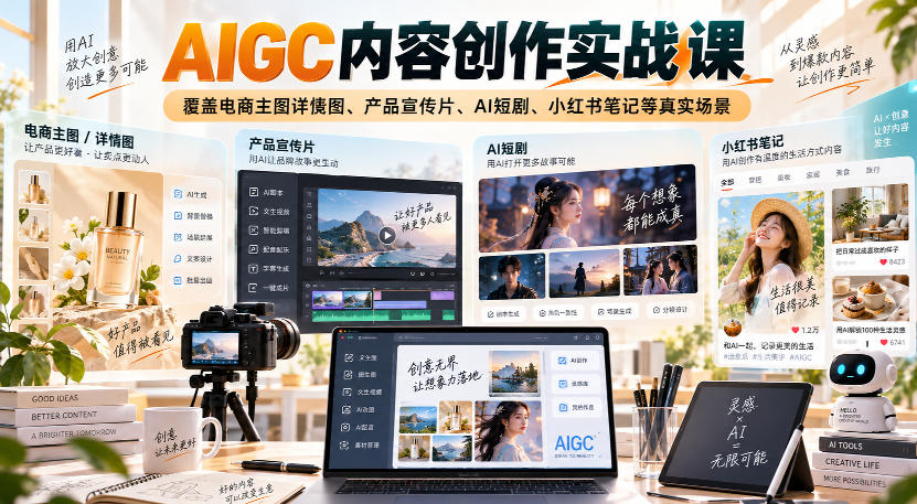 AIGC内容创作实战课，覆盖电商主图详情图、产品宣传片、AI短剧、小红书笔记等真实场景-朽念云创