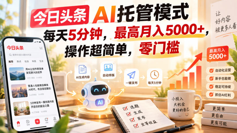 今日头条AI托管模式，每天5分钟，最高月入5000+，操作超简单，零门槛【揭秘】-朽念云创