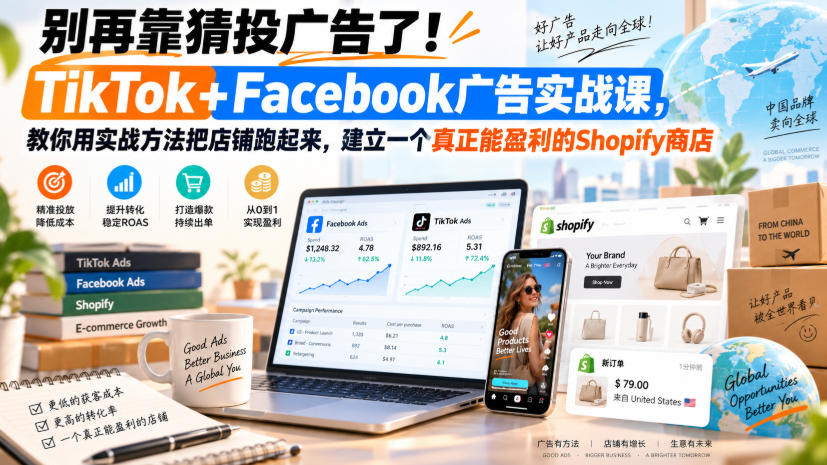 别再靠猜投广告了！TikTok+Facebook广告实战课，教你用实战方法把店铺跑起来，建立一个真正能盈利的Shopify商店【原创双语字幕】-朽念云创