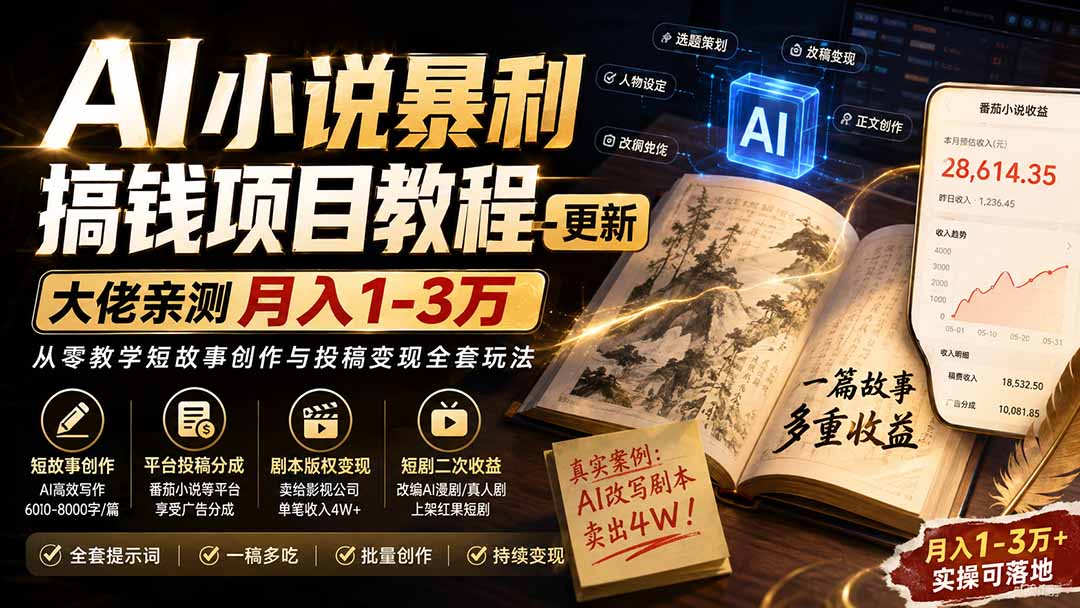 AI小说短故事暴利搞钱项目教程-更新，大佬亲测月入1-3万，从零教学短故事创作与投稿变现全套玩法-朽念云创