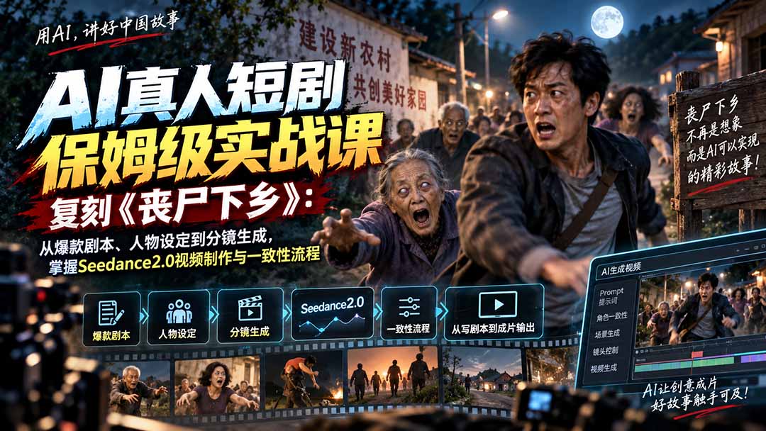 AI真人短剧保姆级实战课，复刻《丧尸下乡》：从爆款剧本、人物设定到分镜生成，掌握Seedance2.0视频制作与一致性流程-朽念云创