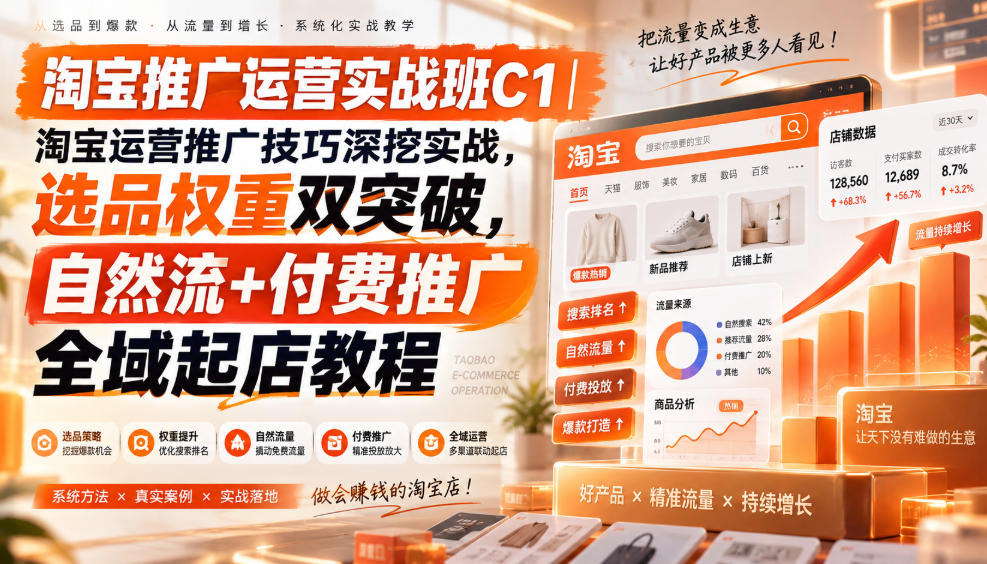 淘宝推广运营实战班C1｜淘宝运营推广技巧深挖实战，选品权重双突破，自然流+付费推广全域起店教程-朽念云创