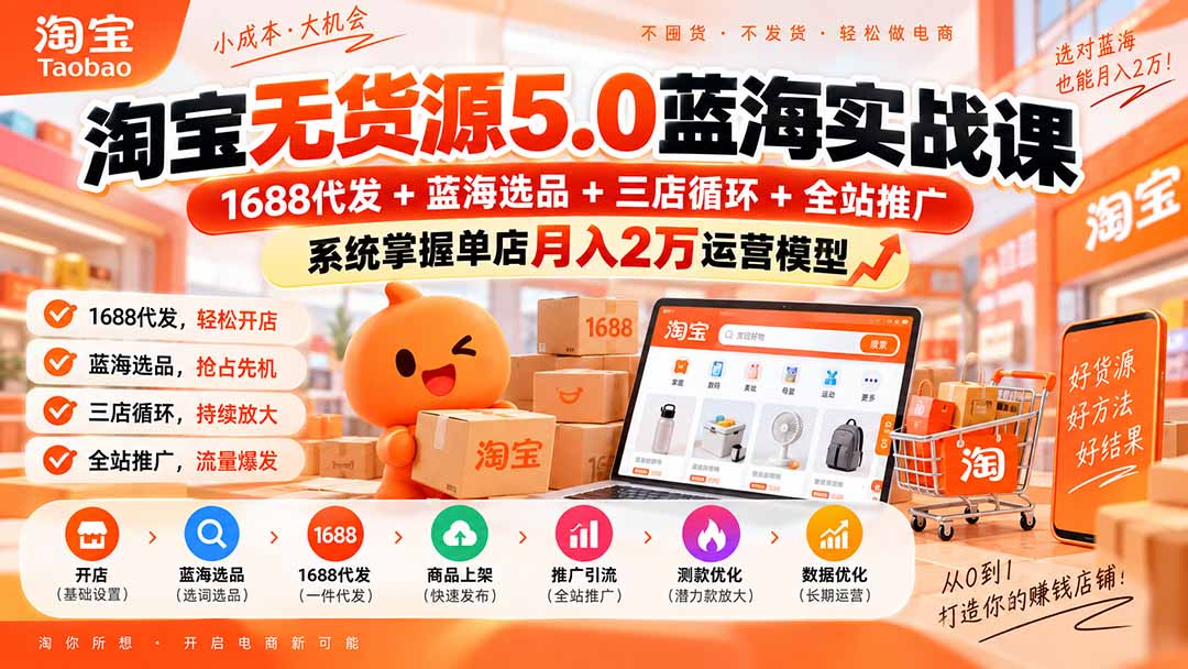 淘宝无货源5.0蓝海实战课-更新：1688代发+蓝海选品+三店循环+全站推广，系统掌握单店月入2万运营模型-朽念云创
