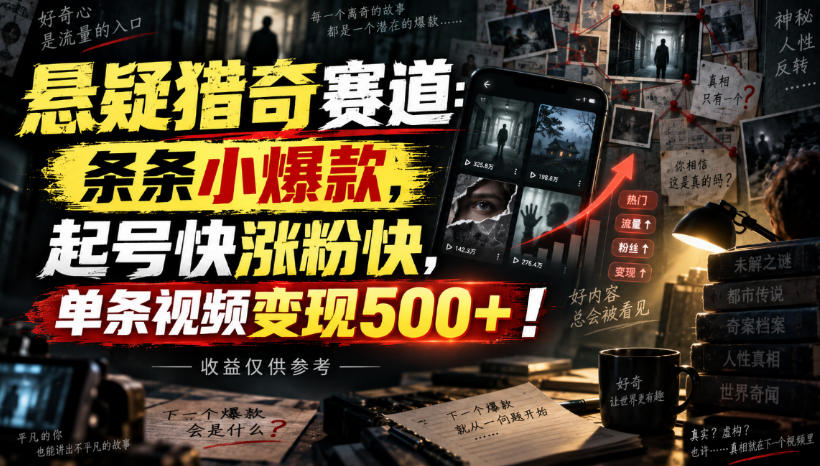 悬疑猎奇赛道：条条小爆款，起号快涨粉快，单条视频变现500+！收益仅供参考-朽念云创