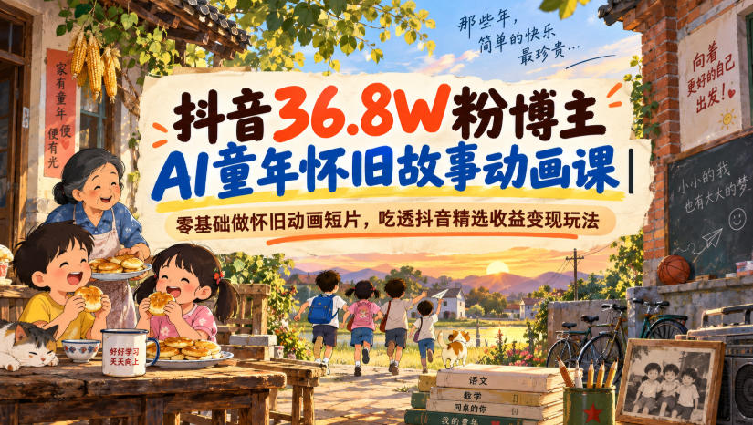 抖音36.8W粉博主AI童年怀旧故事动画课｜零基础做怀旧动画短片，吃透抖音精选收益变现玩法-朽念云创