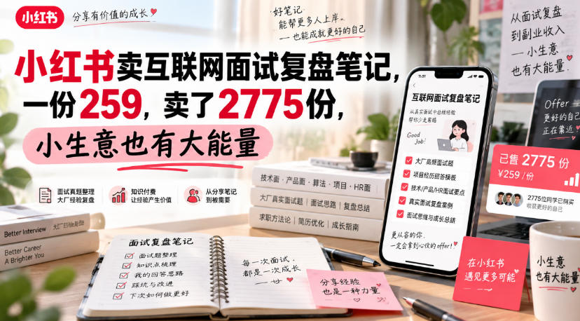 小红书卖互联网面试复盘笔记，一份259，卖了2775份，小生意也有大能量-朽念云创