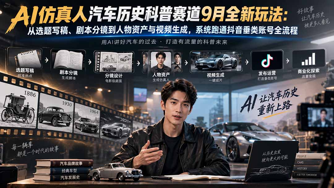 AI仿真人汽车历史科普赛道9月全新玩法：从选题写稿、剧本分镜到人物资产与视频生成，系统跑通抖音垂类账号全流程-朽念云创