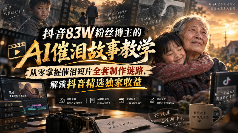 抖音83W粉丝博主的AI催泪故事教学，从零掌握催泪短片全套制作链路，解锁抖音精选独家收益-朽念云创