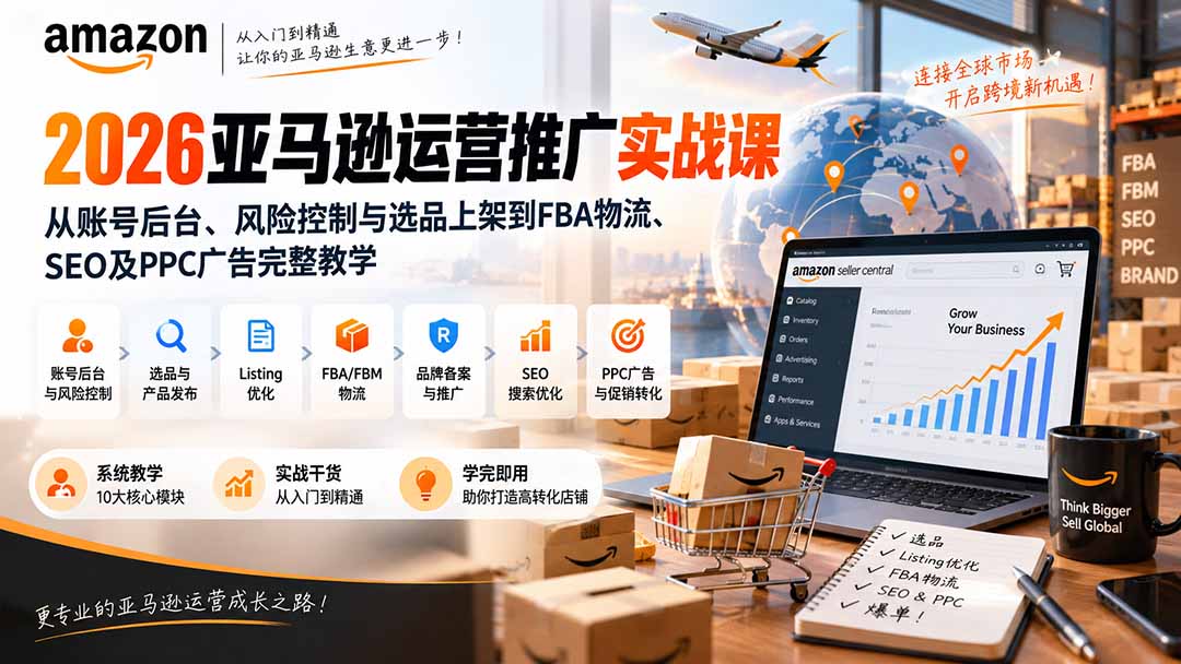 2026亚马逊运营推广实战课：从账号后台、风险控制与选品上架到FBA物流、SEO及PPC广告完整教学-朽念云创