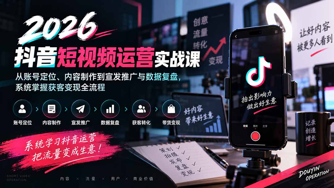 2026抖音短视频运营实战课：从账号定位、内容制作到宣发推广与数据复盘，系统掌握获客变现全流程-朽念云创