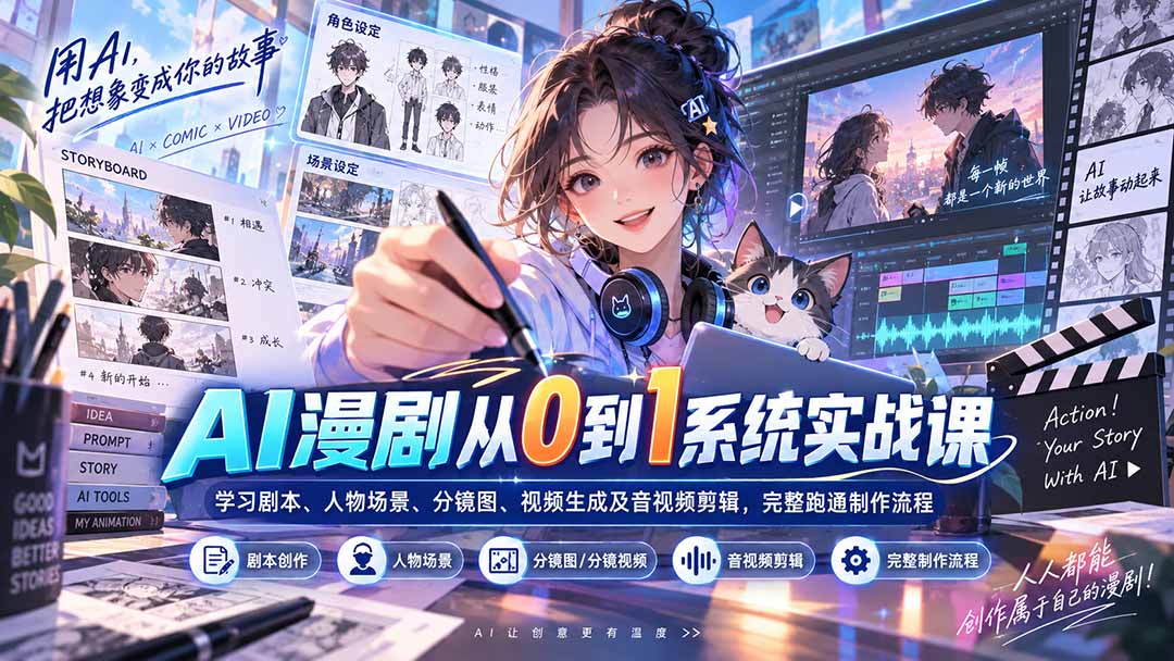 AI漫剧从0到1系统实战课：学习剧本、人物场景、分镜图、视频生成及音视频剪辑，完整跑通制作流程-朽念云创