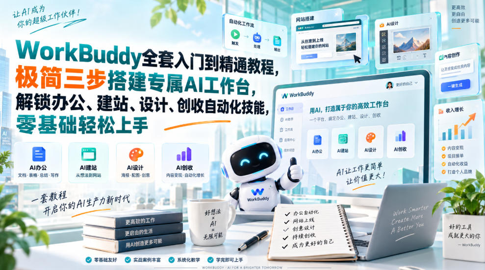 WorkBuddy全套入门到精通教程，极简三步搭建专属AI工作台，解锁办公、建站、设计、创收自动化技能，零基础轻松上手-朽念云创