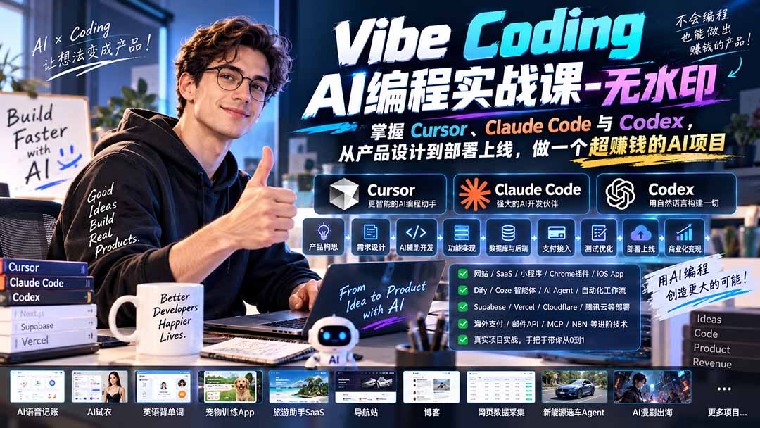 Vibe Coding AI编程实战课-无水印：掌握Cursor、Claude Code与Codex，从产品设计到部署上线，做一个超赚钱的AI项目-朽念云创
