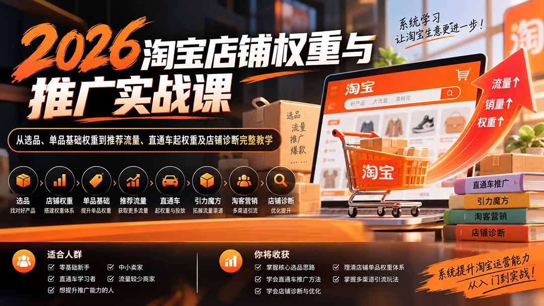 2026淘宝店铺权重与推广实战课：从选品、单品基础权重到推荐流量、直通车起权重及店铺诊断完整教学-朽念云创