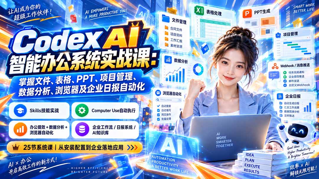 Codex AI智能办公系统实战课：掌握文件、表格、PPT、项目管理、数据分析、浏览器及企业日报自动化-朽念云创