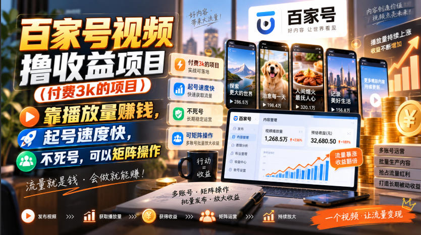百家号视频撸收益项目(付费3k的项目)，靠播放量賺钱，起号速度快，不死号，可以矩阵操作-朽念云创