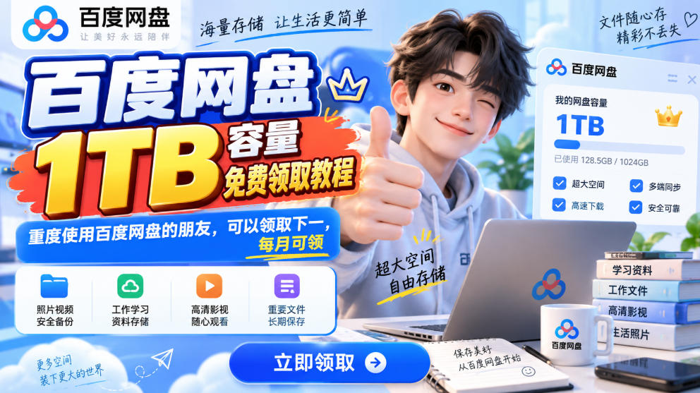 百度网盘1TB容量免费领取教程，重度使用百度网盘的朋友，可以领取下一，每月可领-朽念云创