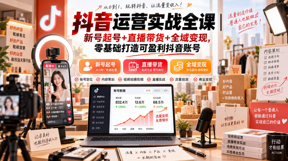 抖音运营实战全课｜新号起号+直播带货+全域变现，零基础打造可盈利抖音账号-朽念云创