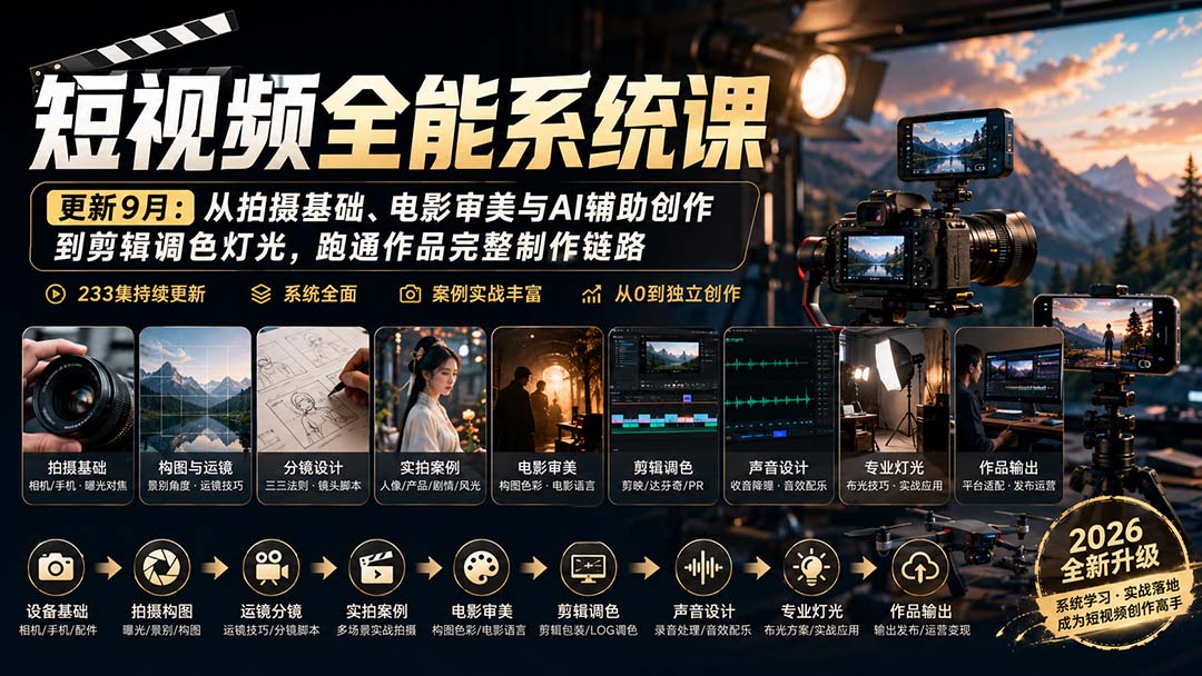 短视频全能系统课-9月完整版：从拍摄基础、电影审美与AI辅助创作到剪辑调色灯光，跑通作品完整制作链路-朽念云创