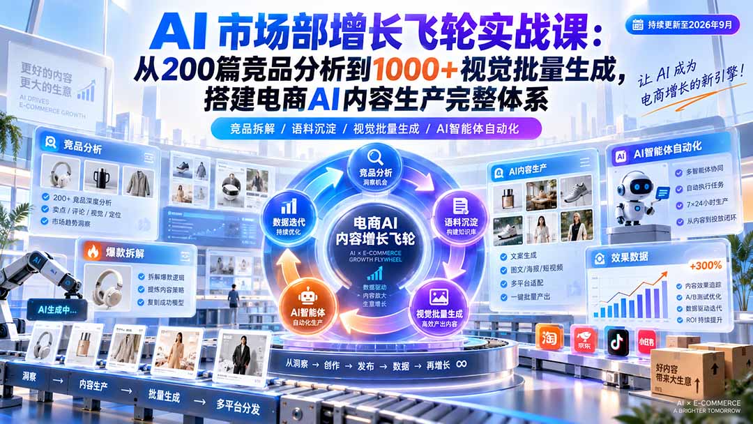 AI 市场部增长飞轮实战课：从200篇竞品分析到1000+视觉批量生成，搭建电商AI内容生产完整体系-朽念云创